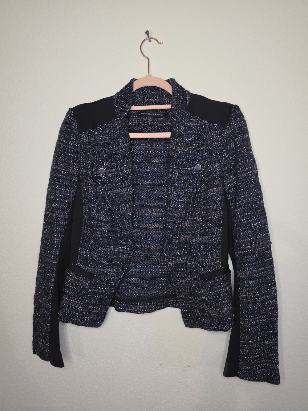 White House Black Market Navy Textured Tweed Blazer with Black Panels